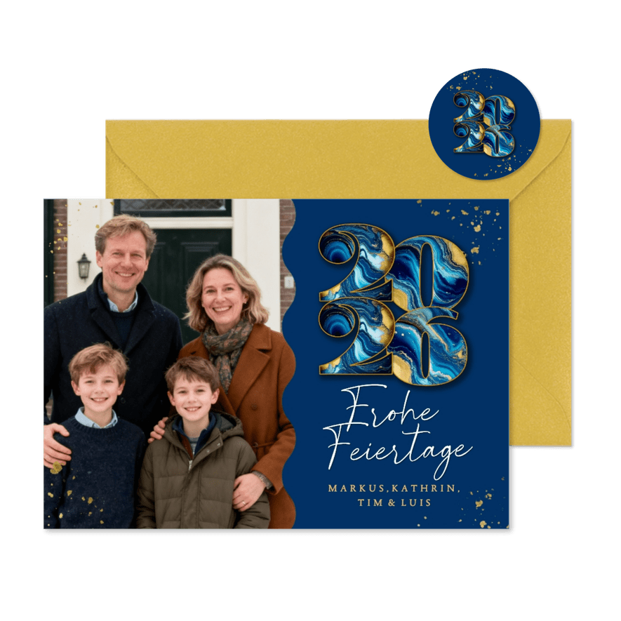 Foto-Weihnachtskarte Jahreszahl Marmor-Look blau 2026 - Karteneindruck