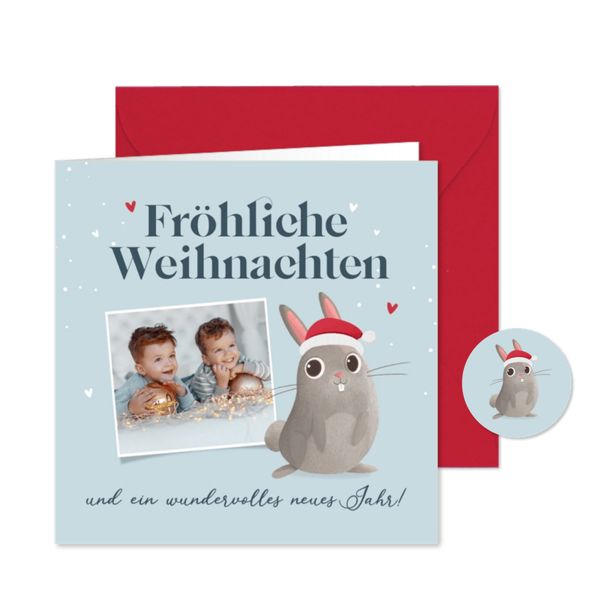 Foto-Weihnachtskarte Kaninchen Weihnachtsmütze Kinder - Karteneindruck
