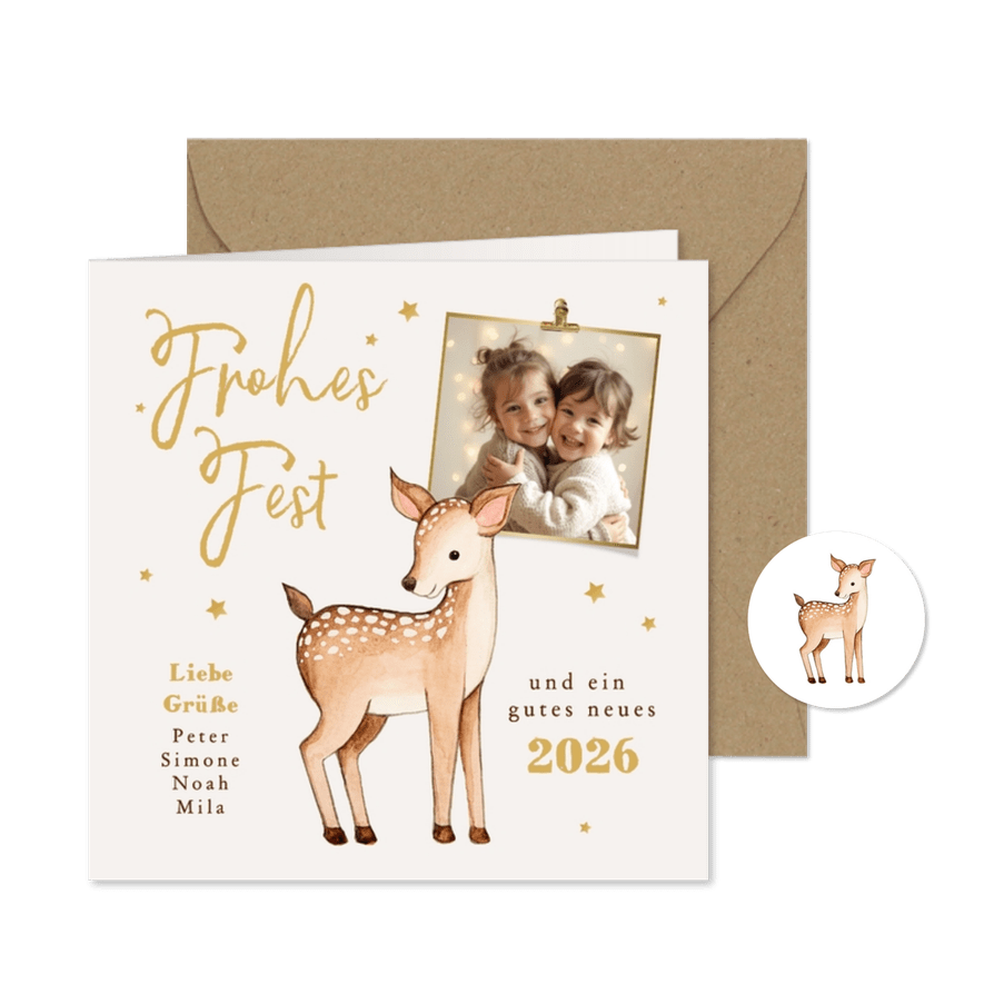 Foto-Weihnachtskarte kleines Reh wünscht Frohes Fest - Karteneindruck
