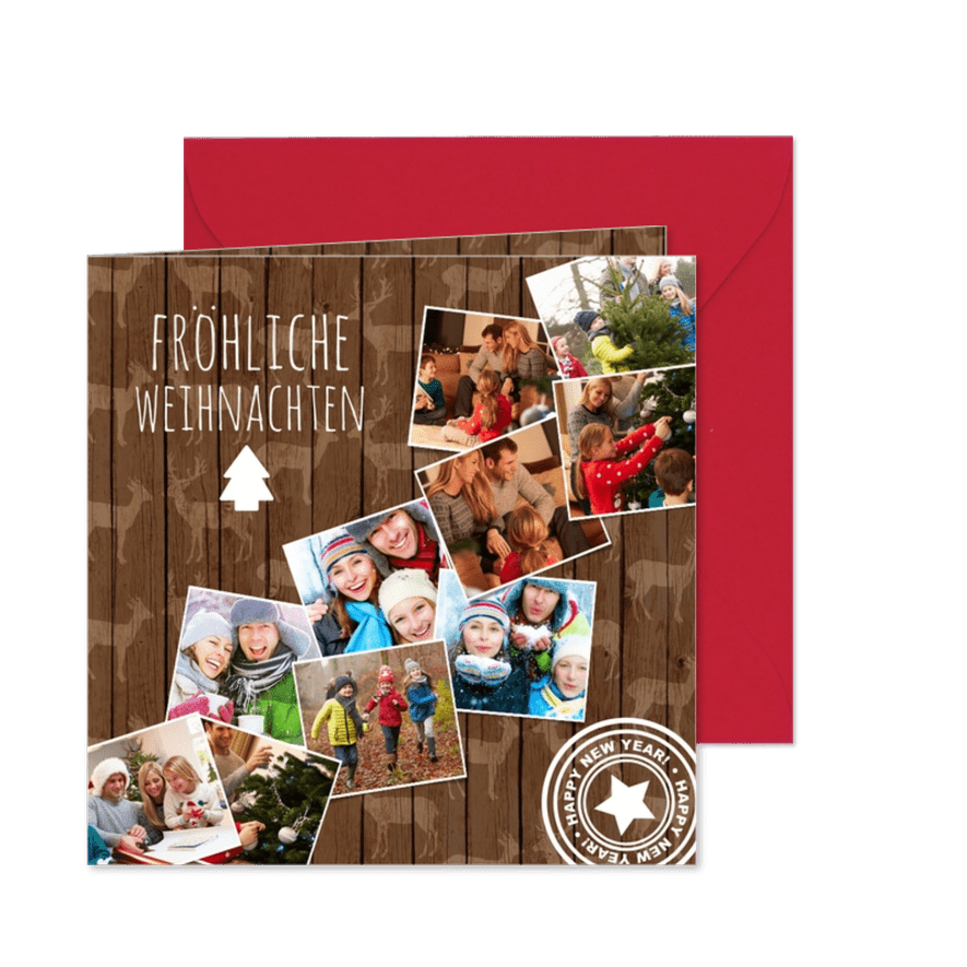 Foto-Weihnachtskarte mit 10 Fotos auf Holz - Karteneindruck