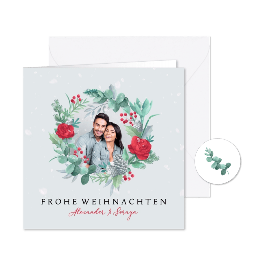 Foto-Weihnachtskarte mit Blumenkranz - Karteneindruck