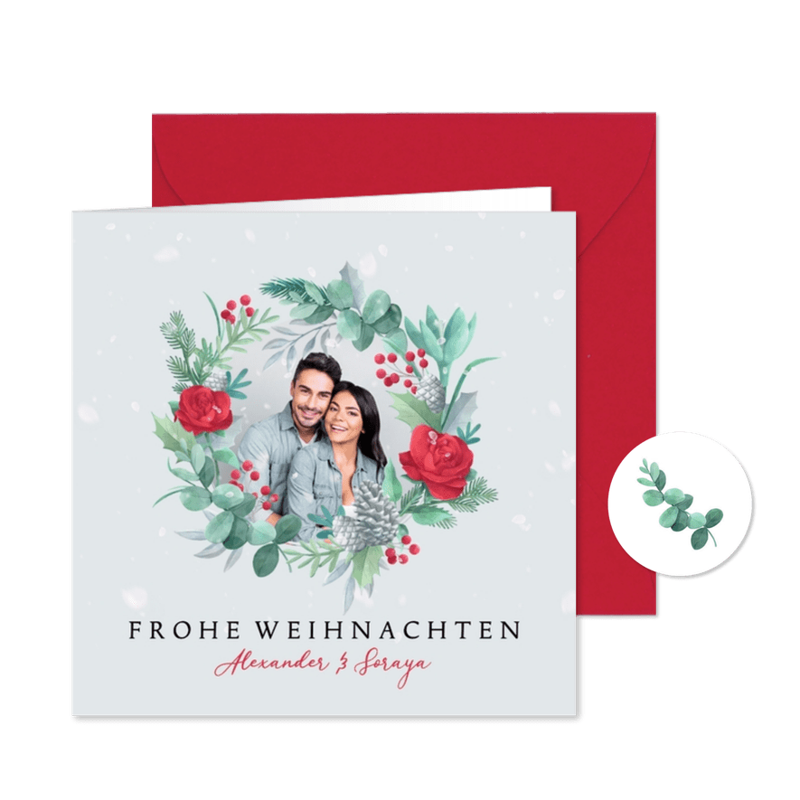 Foto-Weihnachtskarte mit Blumenkranz - Karteneindruck