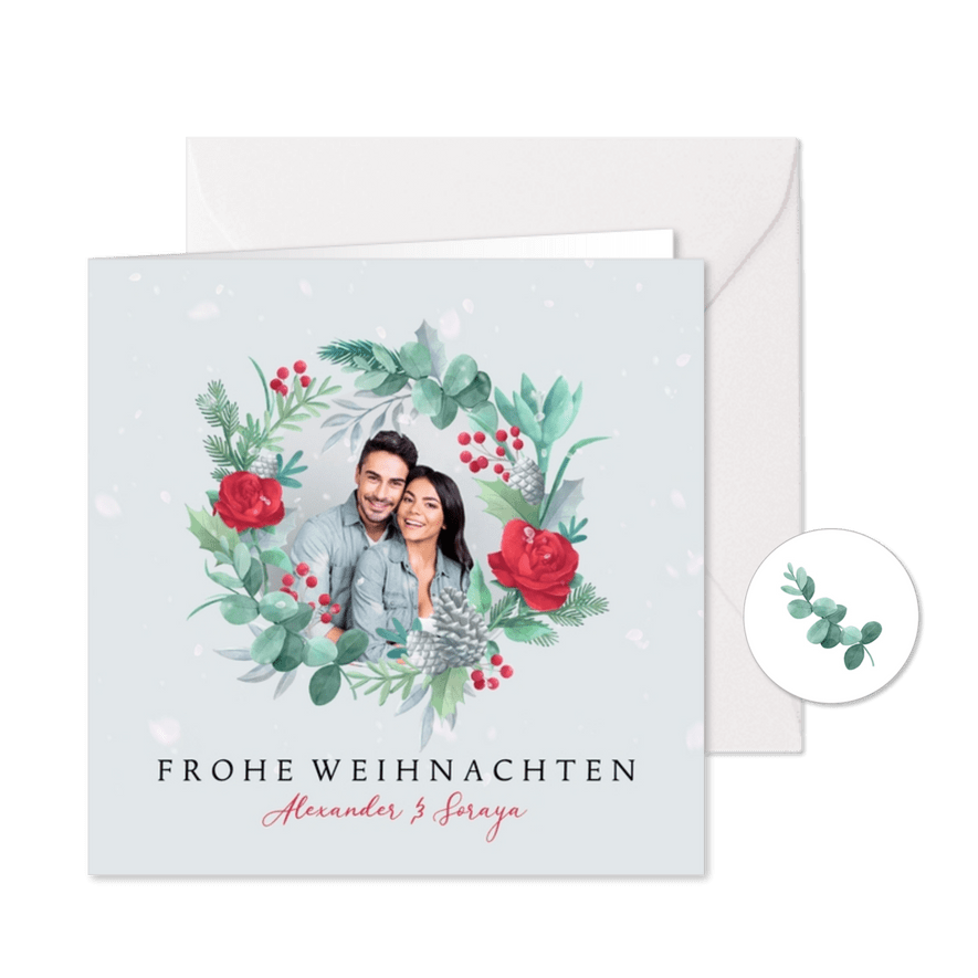 Foto-Weihnachtskarte mit Blumenkranz - Karteneindruck
