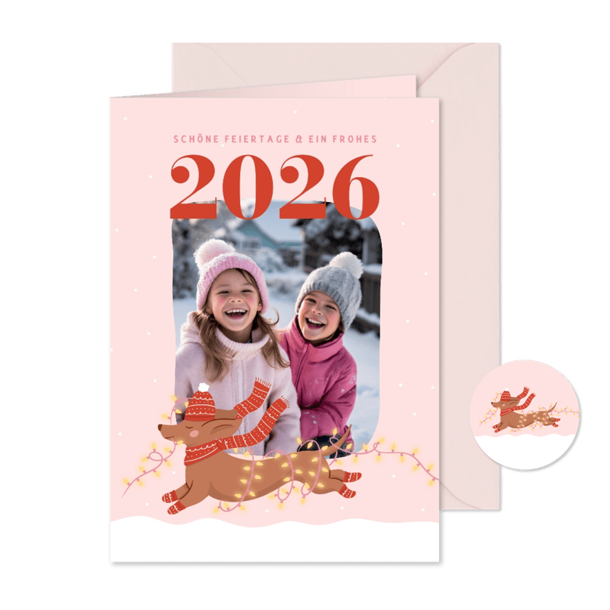 Foto-Weihnachtskarte mit Dackel und 2026 - Karteneindruck