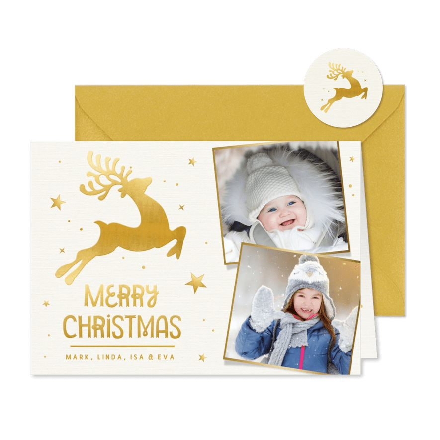 Foto-Weihnachtskarte mit Rentier in Goldlook - Karteneindruck
