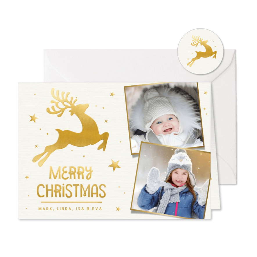 Foto-Weihnachtskarte mit Rentier in Goldlook - Karteneindruck
