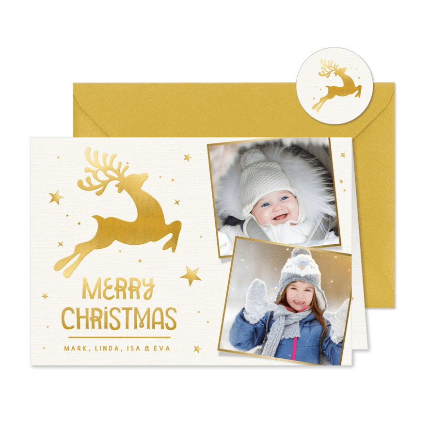 Foto-Weihnachtskarte mit Rentier in Goldlook - Karteneindruck