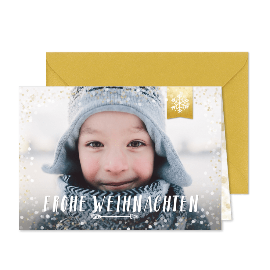 Foto-Weihnachtskarte mit Schneeflocke auf Label - Kartenvorschau
