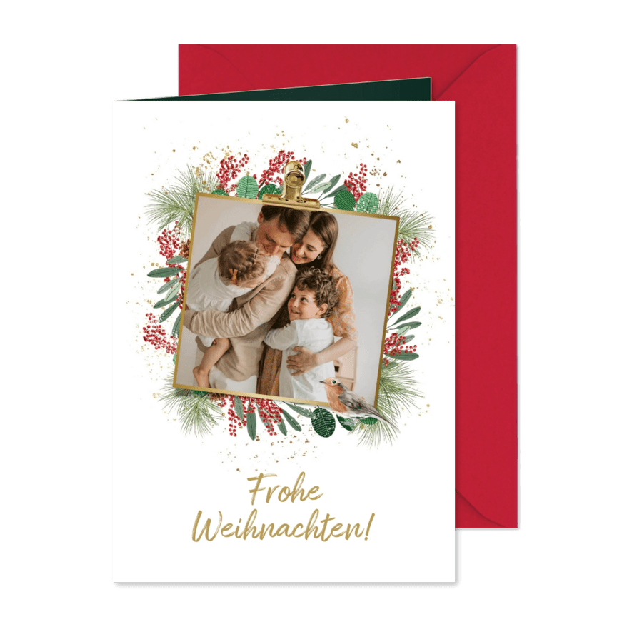 Foto-Weihnachtskarte mit Umrandung aus Zweigen - Karteneindruck