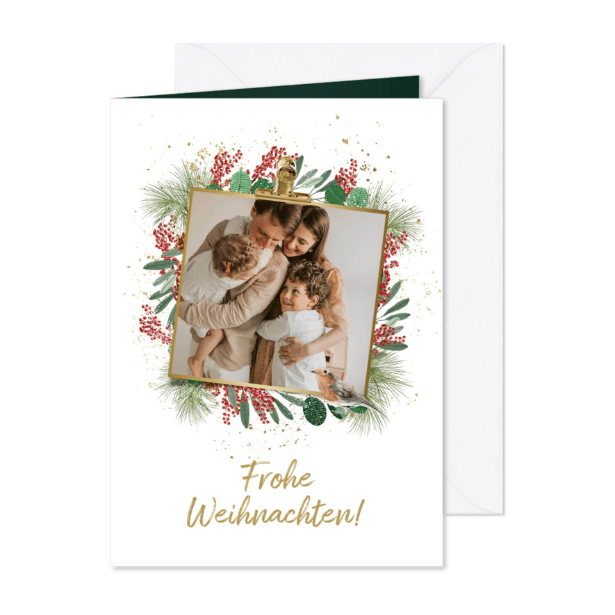 Foto-Weihnachtskarte mit Umrandung aus Zweigen - Karteneindruck
