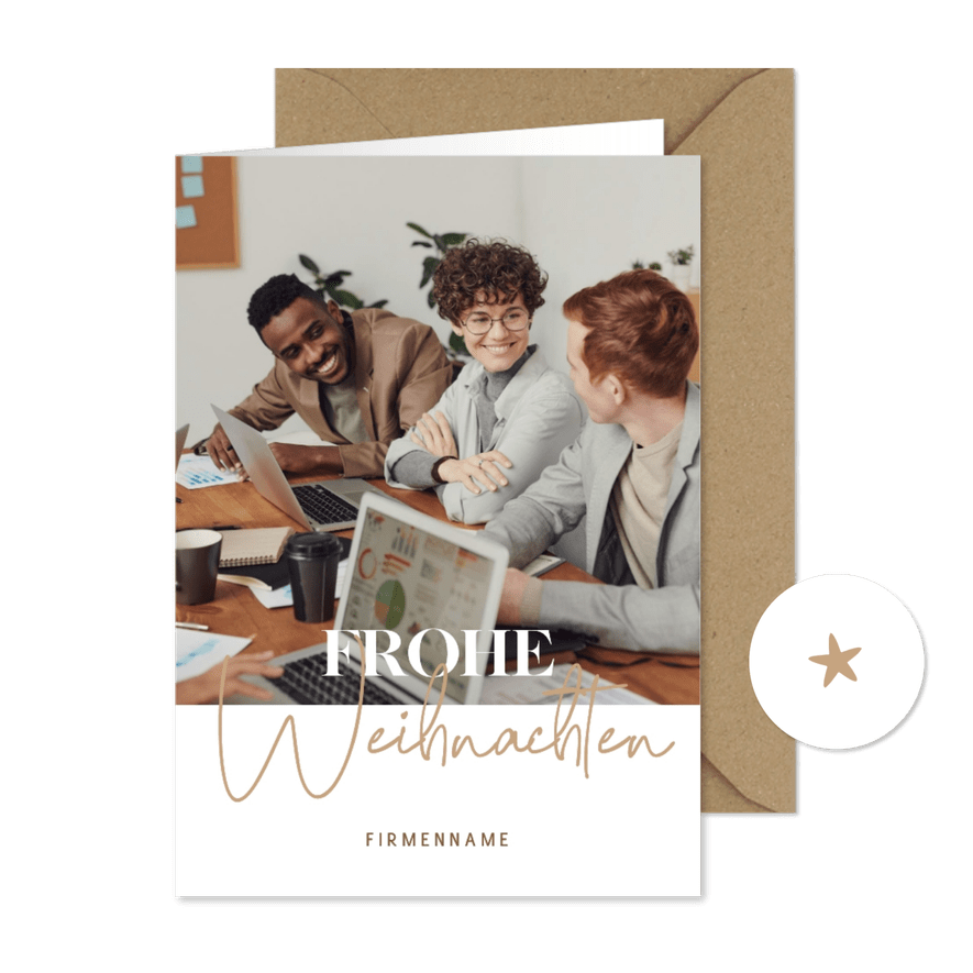 Foto-Weihnachtskarte modern schlicht Schrift in beige - Kartenvorschau