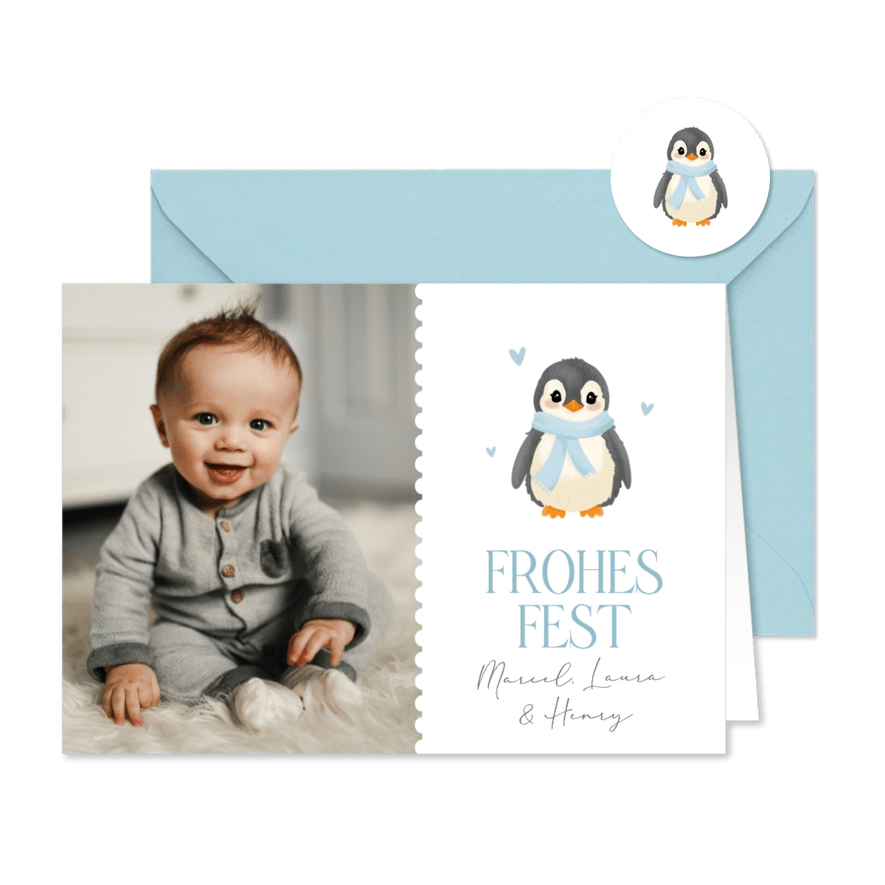 Foto-Weihnachtskarte Pinguin mit Schal hellblau - Karteneindruck
