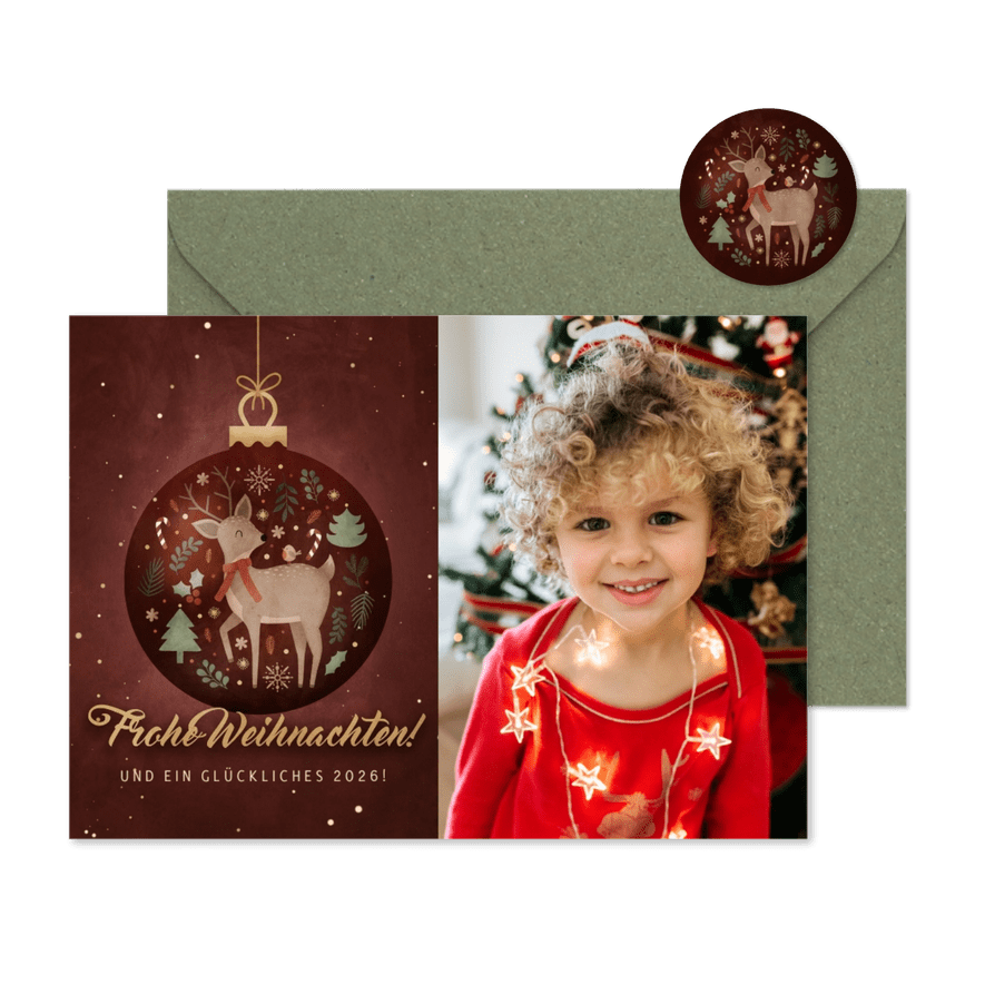 Foto-Weihnachtskarte Reh in Weihnachtskugel - Karteneindruck
