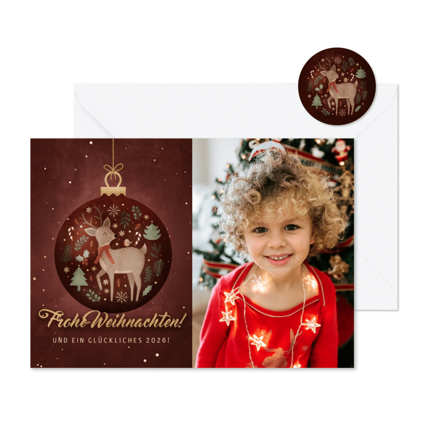 Foto-Weihnachtskarte Reh in Weihnachtskugel - Karteneindruck
