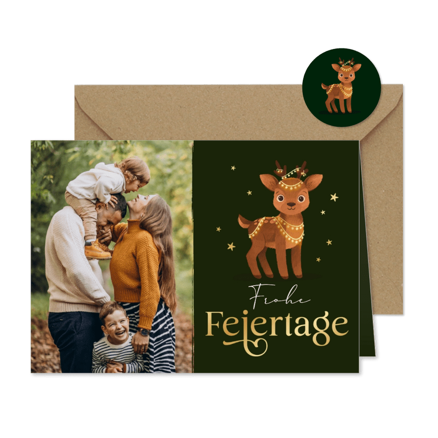 Foto-Weihnachtskarte Rentier mit Lichterkette  - Karteneindruck
