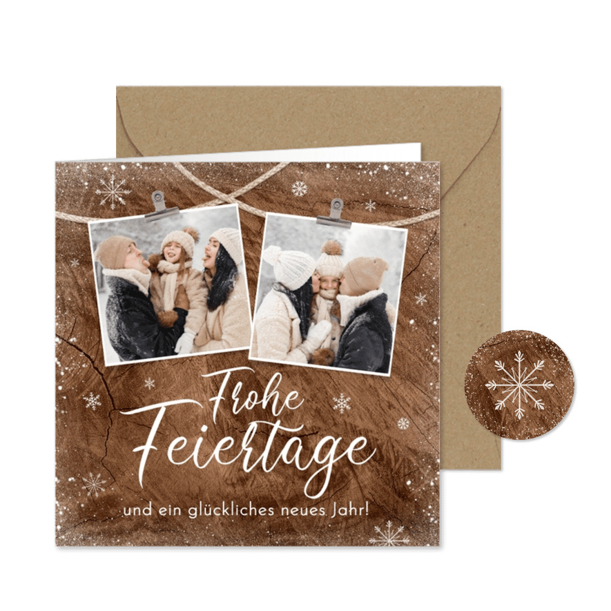 Foto-Weihnachtskarte Schneeflocken Holzhintergrund - Karteneindruck
