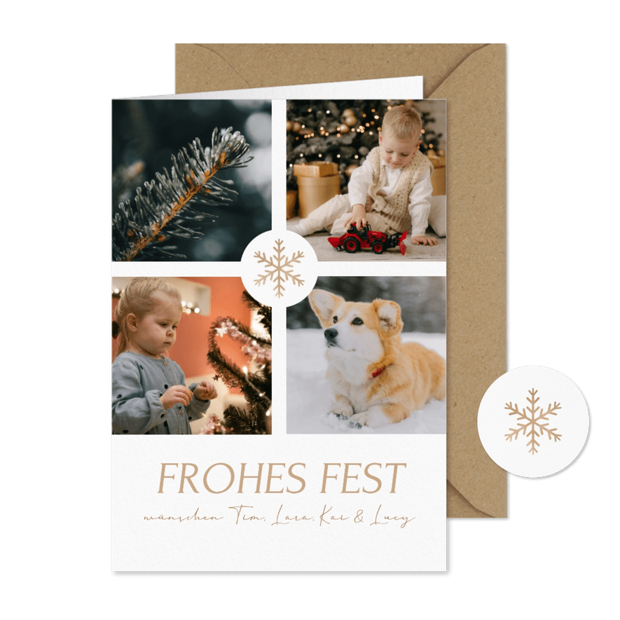 Foto-Weihnachtskarte Schneekristall 4 Fotos 'Frohes Fest' - Karteneindruck