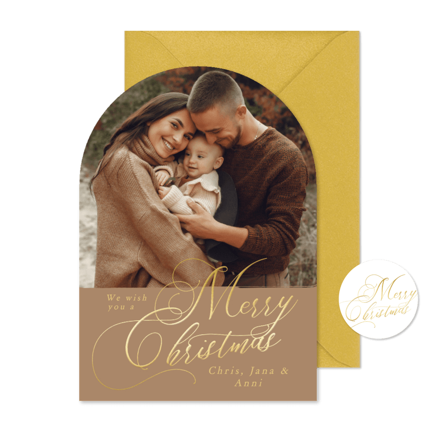 Foto-Weihnachtskarte Schriftzug Bogenkarte auf Braun - Karteneindruck