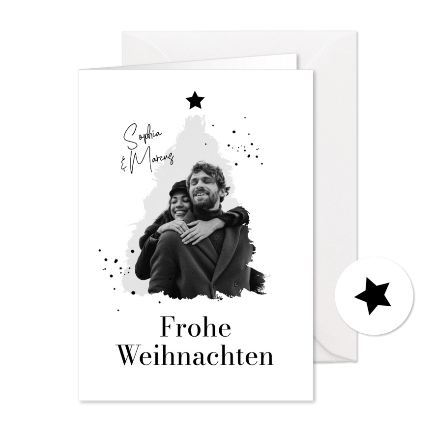 Foto-Weihnachtskarte Schwarz Weiss Tannenbaum - Karteneindruck
