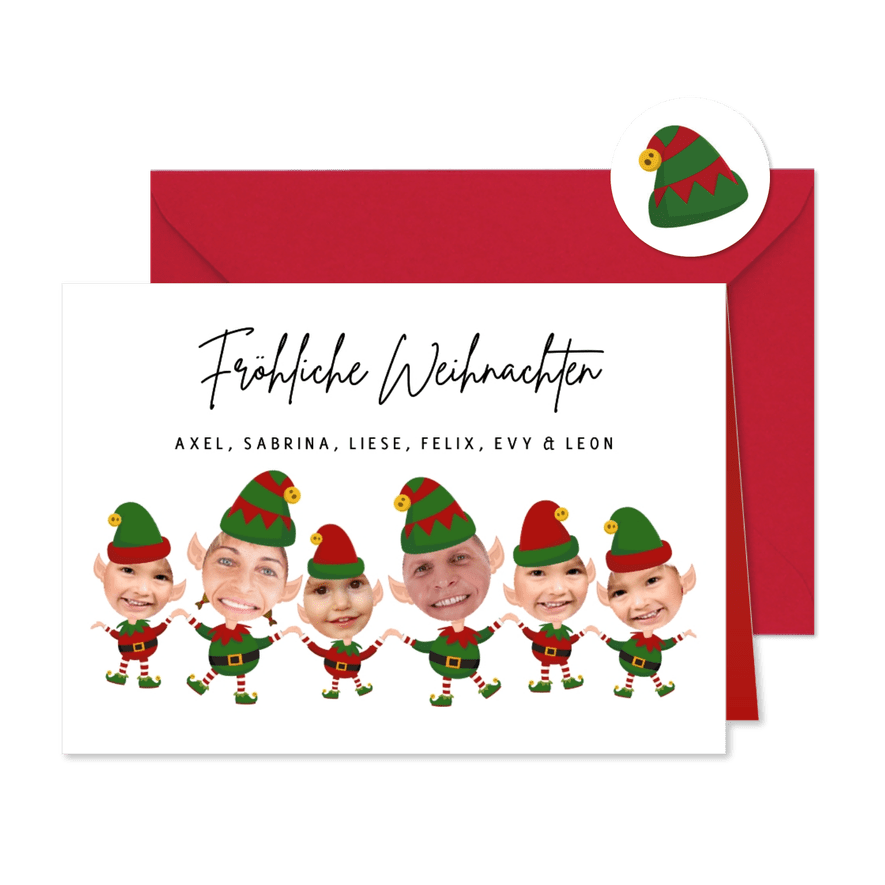 Foto-Weihnachtskarte sechs Wichtel  - Karteneindruck

