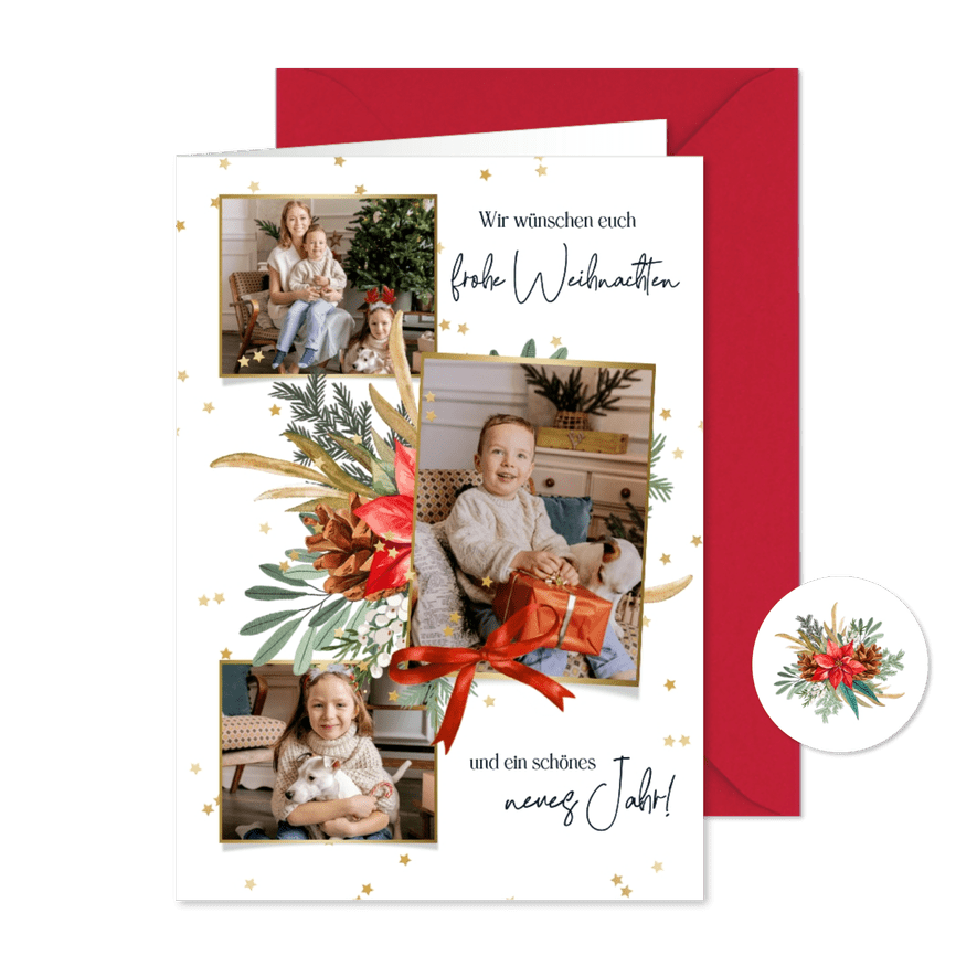 Foto-Weihnachtskarte Tannenzweige und Geschenke - Karteneindruck