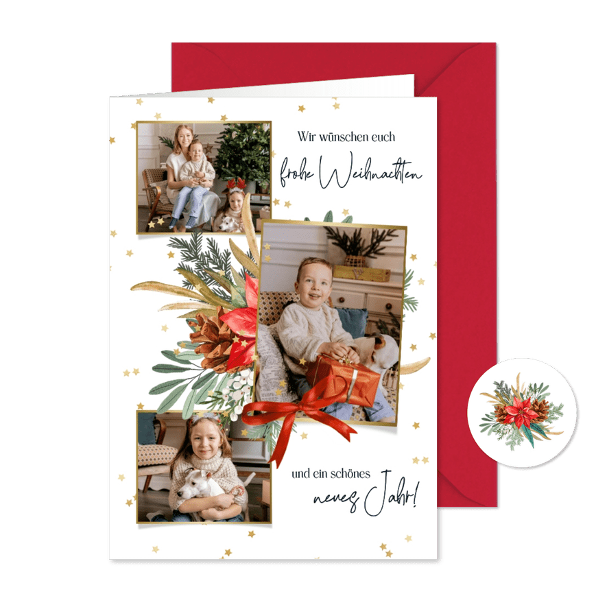 Foto-Weihnachtskarte Tannenzweige und Geschenke - Karteneindruck