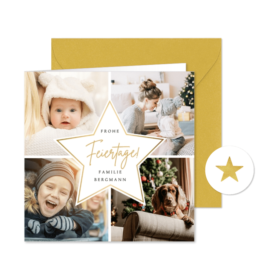 Foto-Weihnachtskarte vier Fotos und Stern - Karteneindruck
