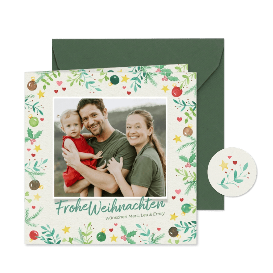 Foto-Weihnachtskarte Weihnachtszweige & Kugeln - Karteneindruck