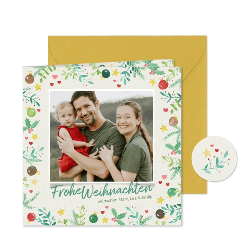 Foto-Weihnachtskarte Weihnachtszweige & Kugeln - Karteneindruck
