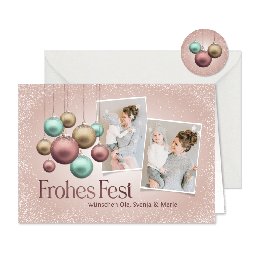 Foto-Weihnachtskarte zarte Weihnachtskugeln - Karteneindruck