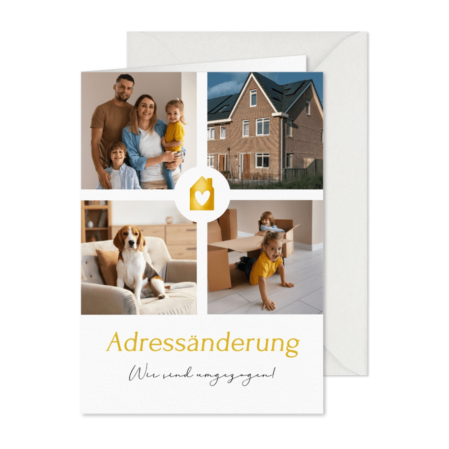 Fotocollage Adressänderung Umzugskarte goldenes Haus - Karteneindruck