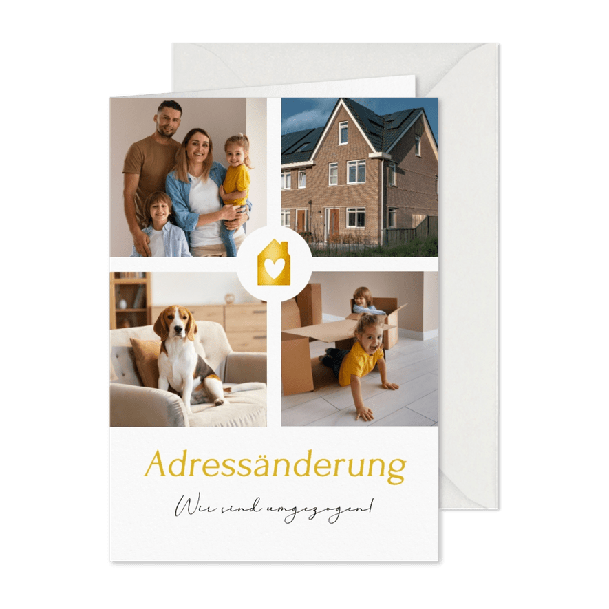 Fotocollage Adressänderung Umzugskarte goldenes Haus - Kartenvorschau