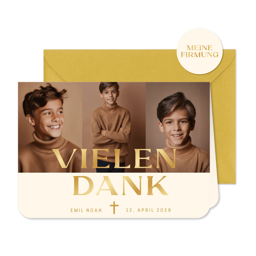 Fotocollage Dankeskarte Firmung Beige Braun Gold - Karteneindruck
