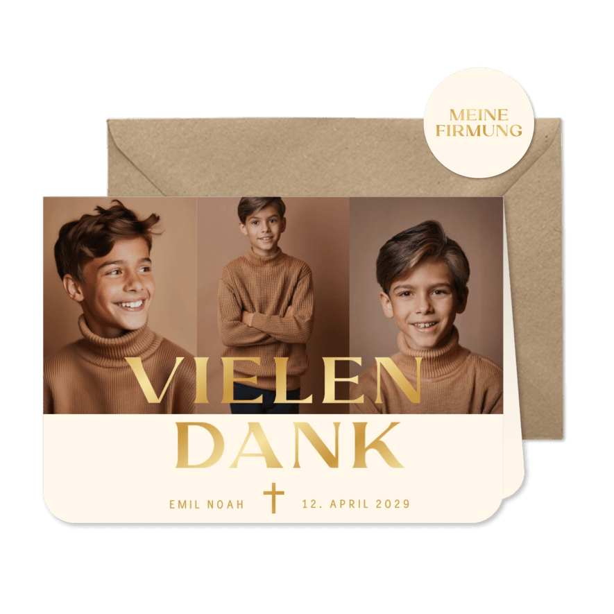 Fotocollage Dankeskarte Firmung Beige Braun Gold - Karteneindruck
