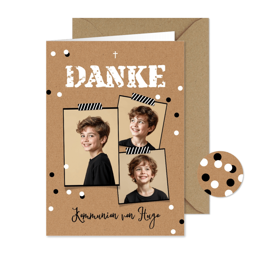 Fotocollage Dankeskarte Kommunion Kraft Konfetti - Kartenvorschau