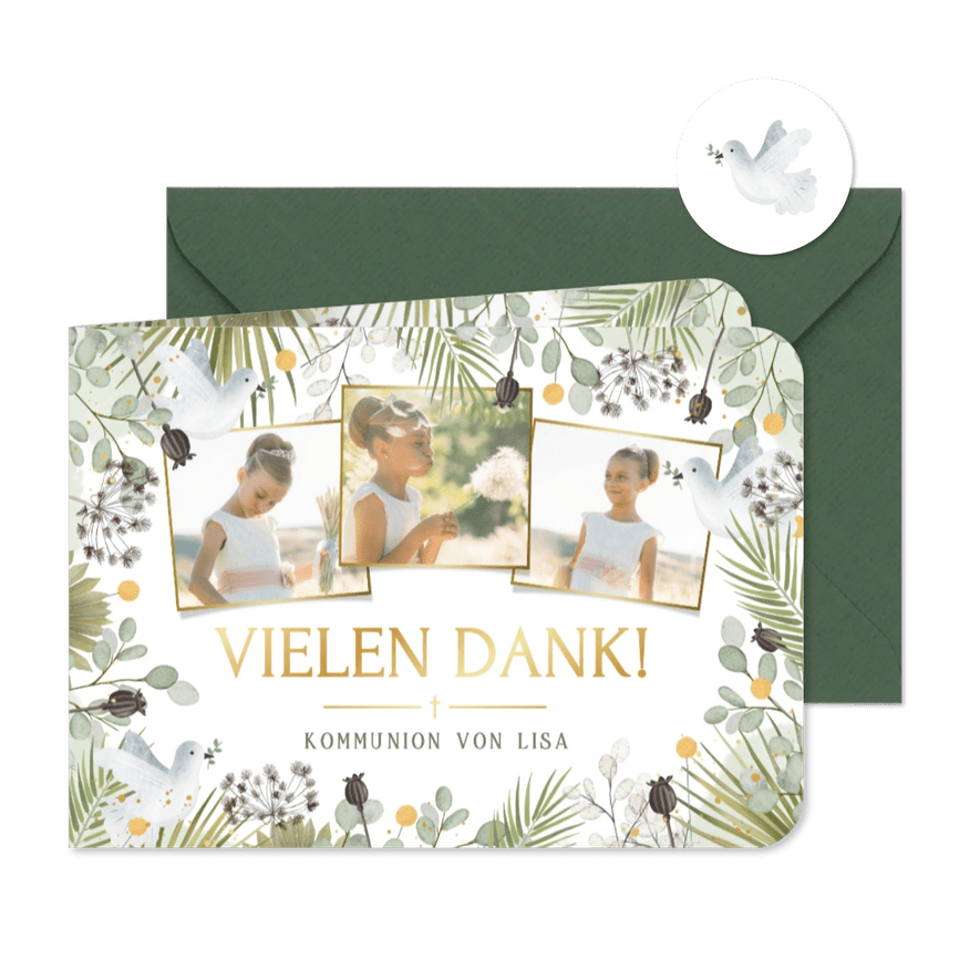 Fotocollage Dankeskarte Kommunion Tauben & Zweige - Karteneindruck