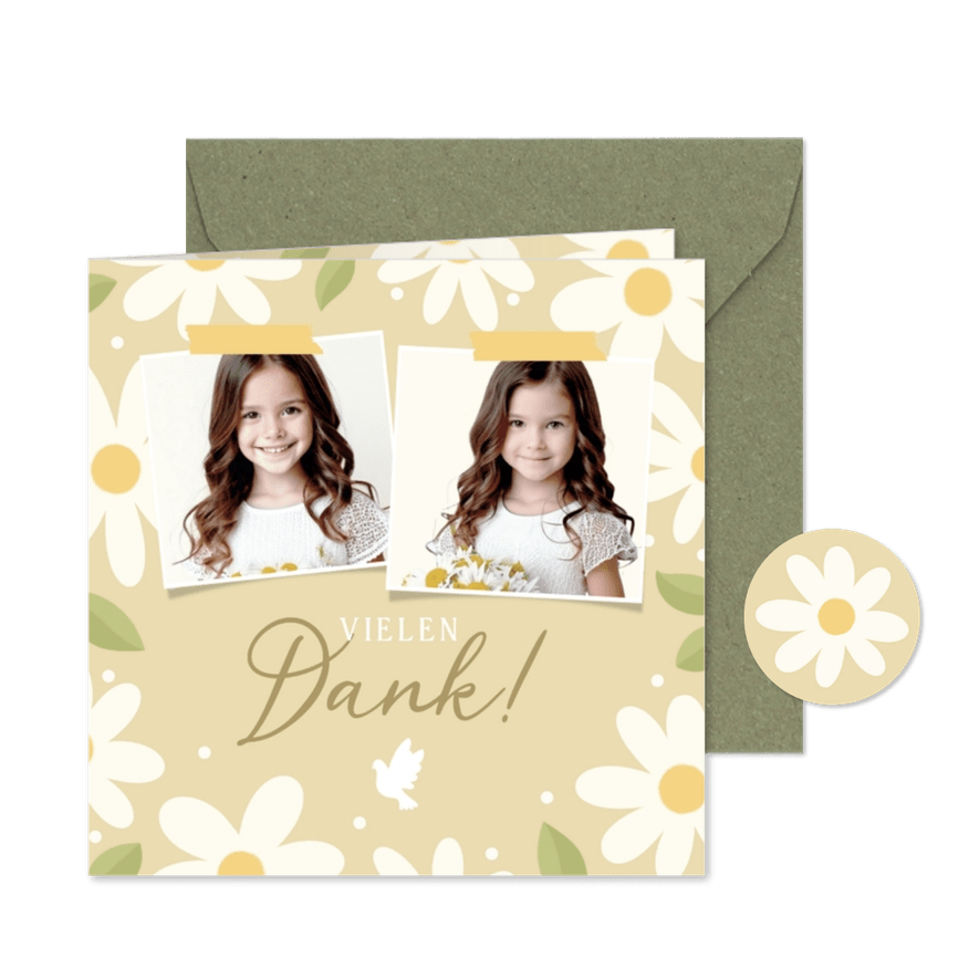 Fotocollage Dankeskarte Kommunion weiße Blumen  - Karteneindruck
