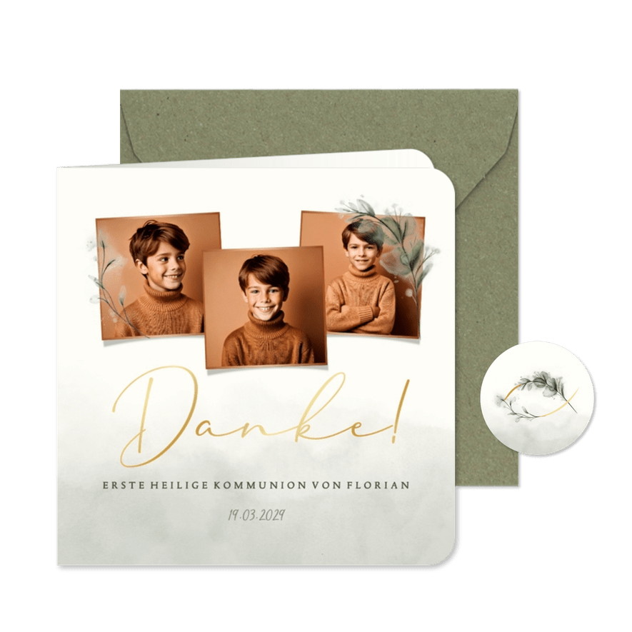Fotocollage Dankeskarte Kommunion Zweige Aquarell - Karteneindruck

