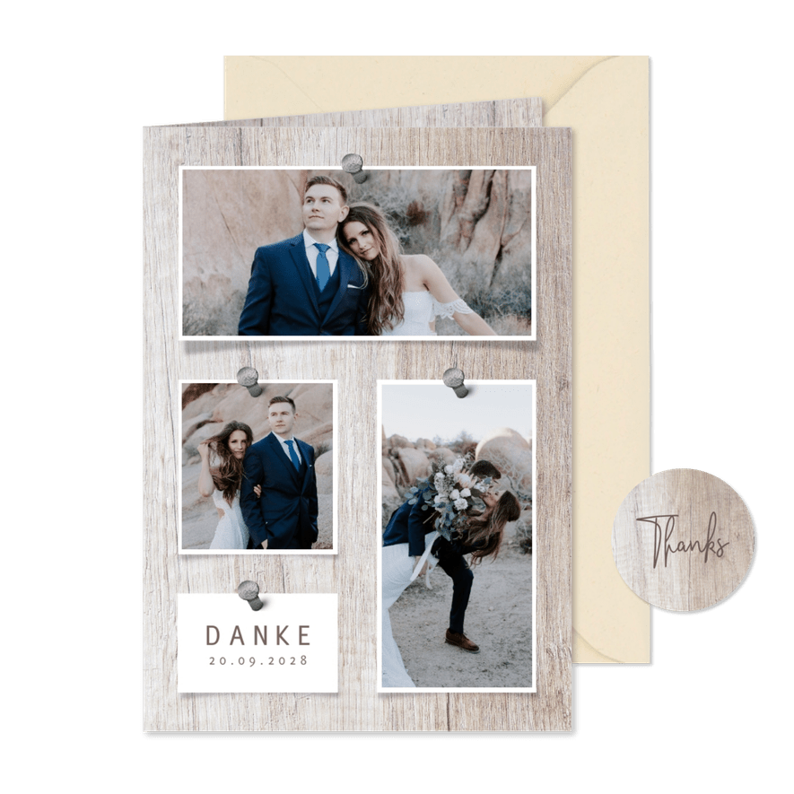 Fotocollage Danksagung Hochzeit Holzhintergrund - Karteneindruck
