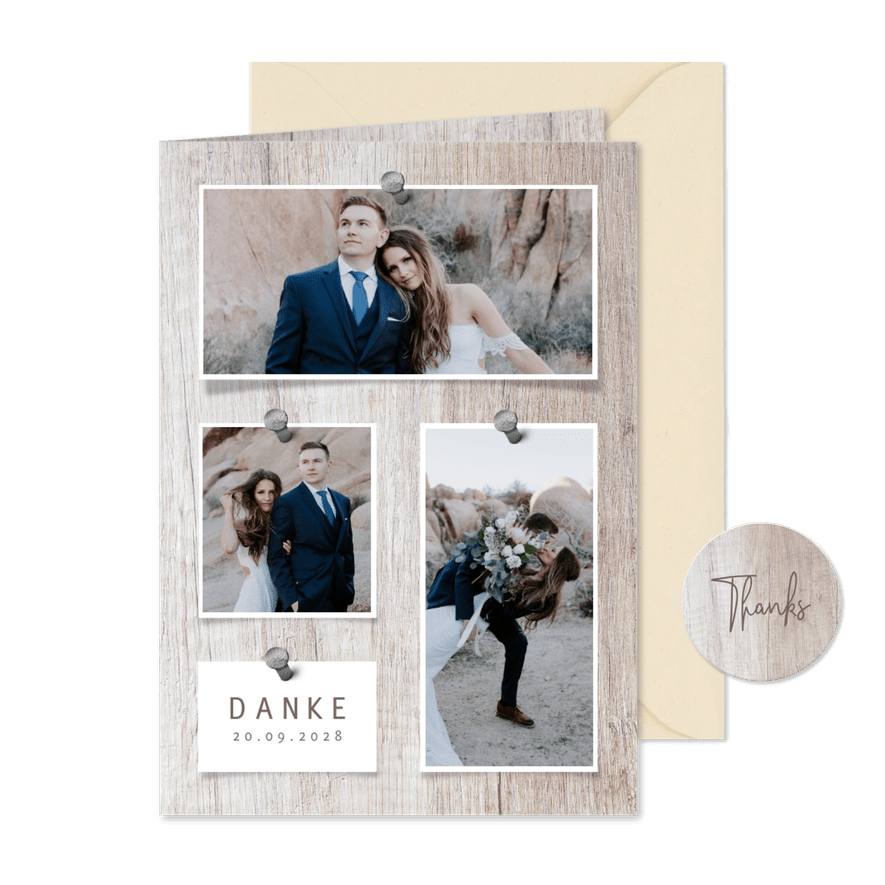 Fotocollage Danksagung Hochzeit Holzhintergrund - Karteneindruck