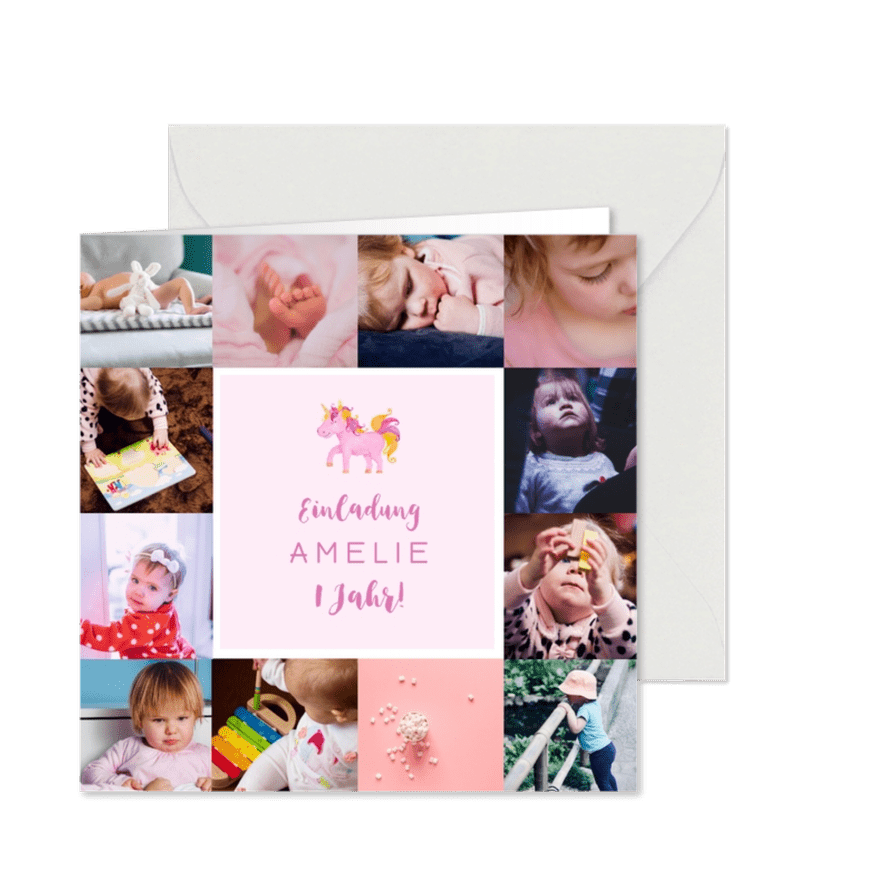 Fotocollage-Einladung mit kleinem Einhorn - Kartenvorschau