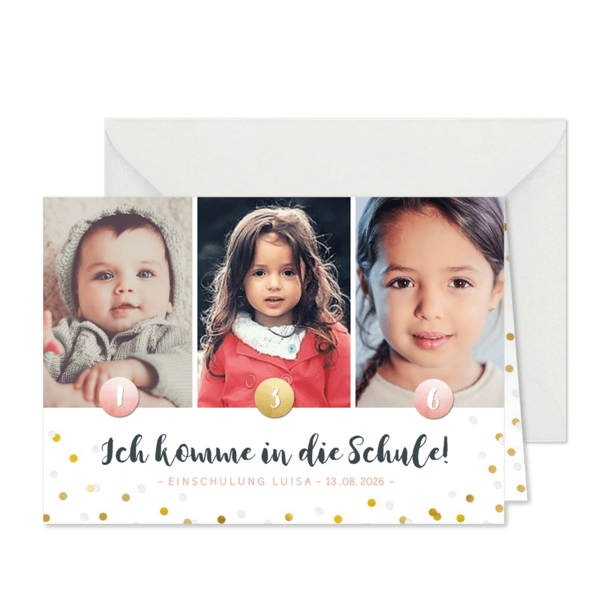 Fotocollage-Einladung zur Einschulung rosa Akzente - Kartenvorschau