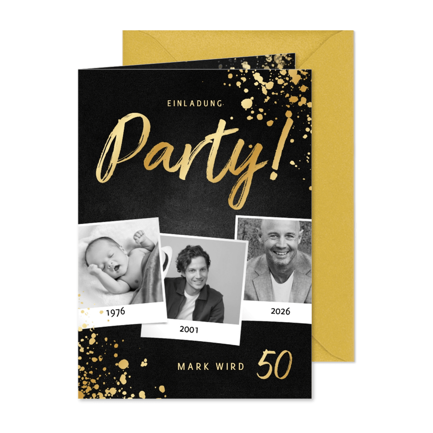 Fotocollage Einladungskarte 50. Geburtstag Party gold - Kartenvorschau
