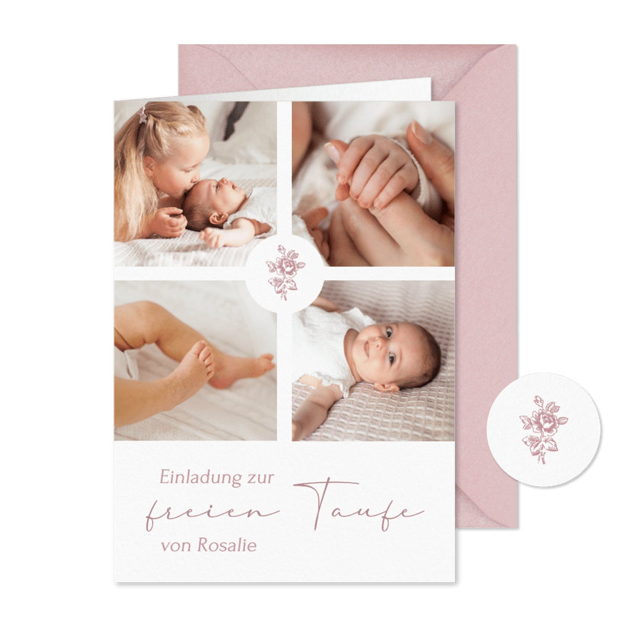 Fotocollage Einladungskarte freie Taufe Rosen - Karteneindruck