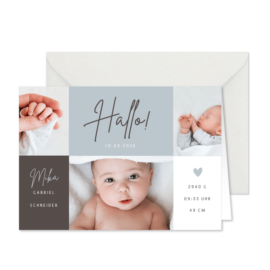 Fotocollage Geburtskarte Farbflächen graublau - Karteneindruck
