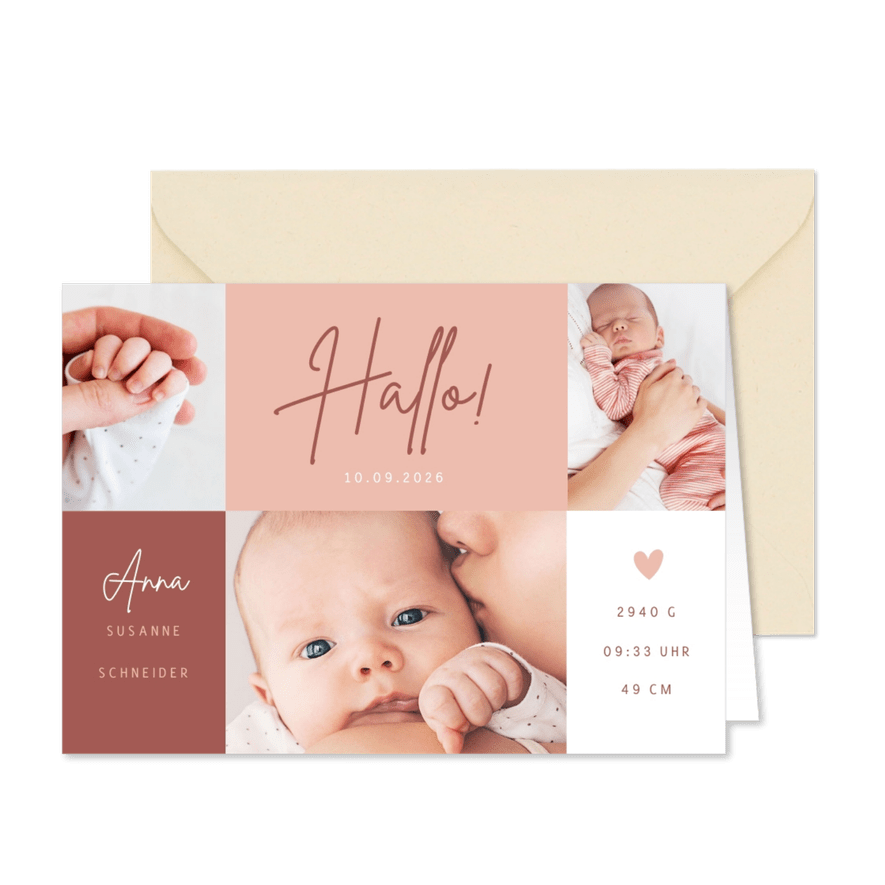 Fotocollage Geburtskarte Farbflächen rosa - Karteneindruck
