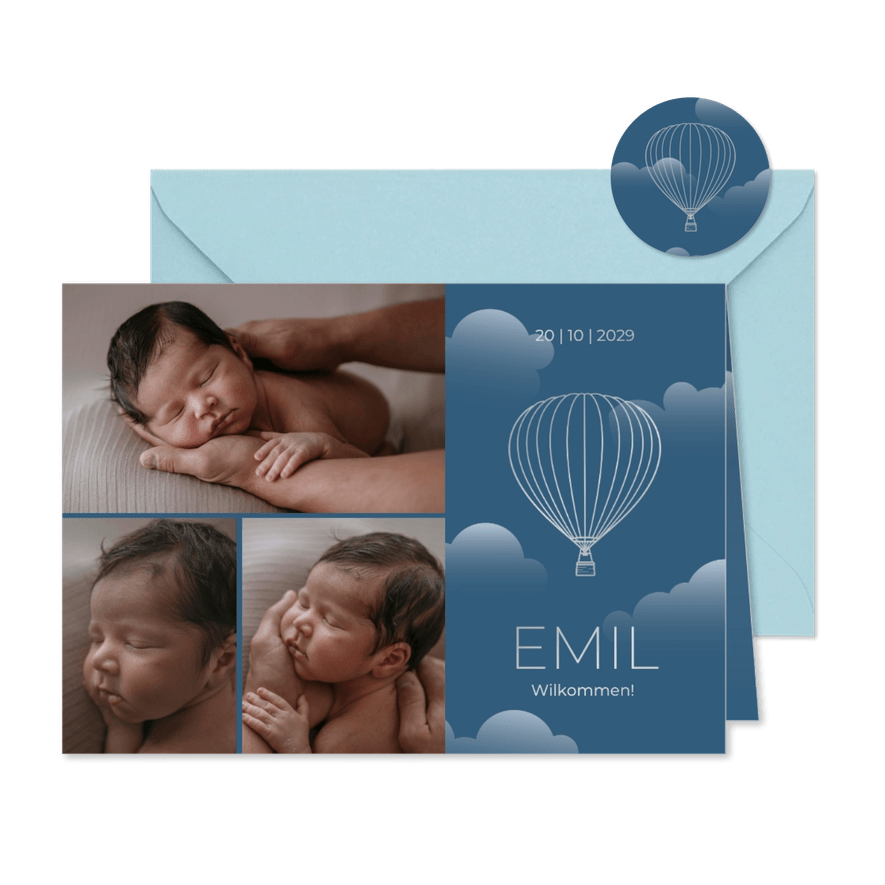 Fotocollage Geburtskarte Heißluftballon Wolkenhimmel - Karteneindruck
