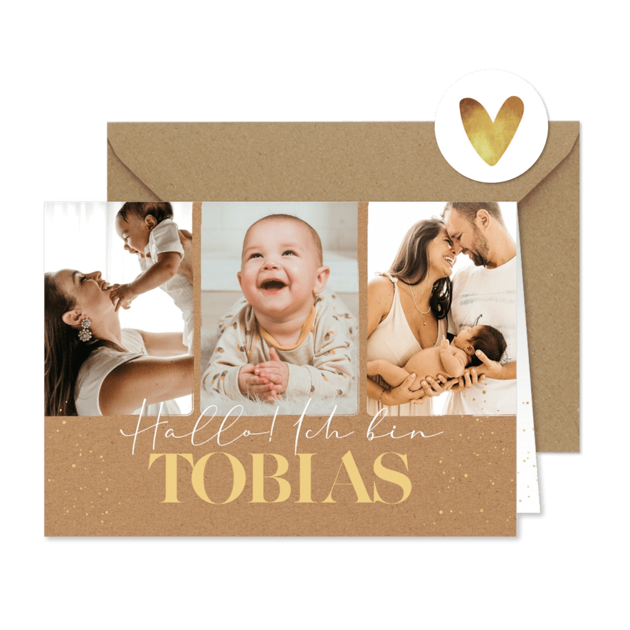 Fotocollage Geburtskarte Kraftpapier & Name - Karteneindruck