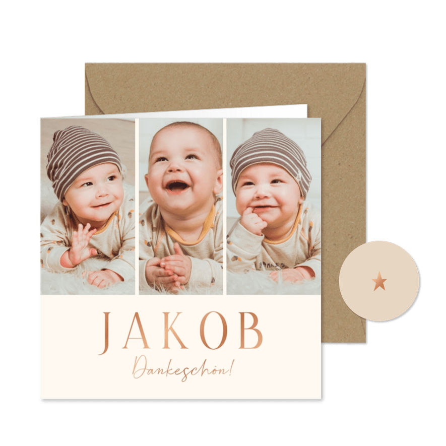 Fotocollage Geburtskarte Naturtöne und Kupferdruck - Karteneindruck