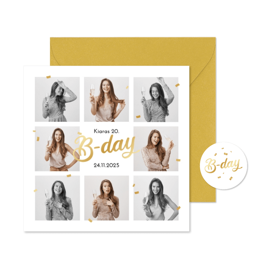 Fotocollage Geburtstagseinladung 'B-Day' 20. Geburtstag - Karteneindruck